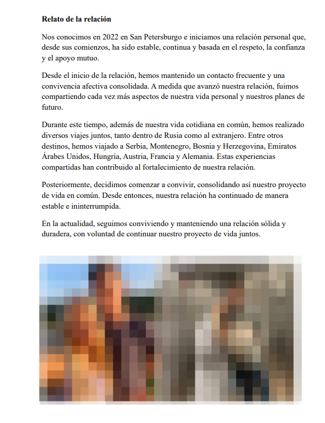 Relato de la relación — пример описания истории отношений для оформления pareja de hecho в Испании